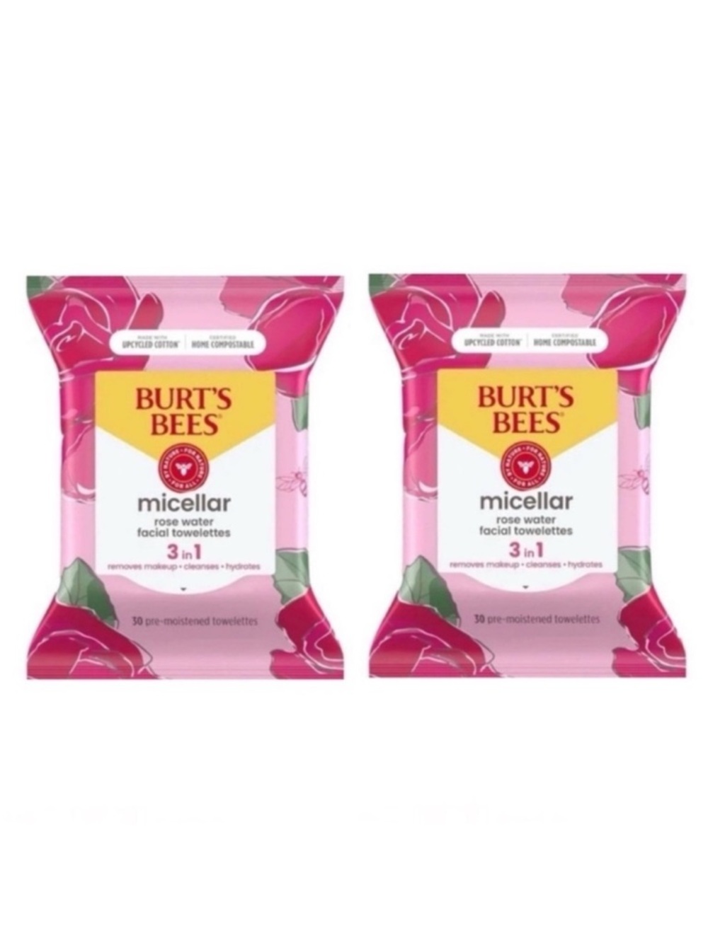 New 2 Burt’s Bees Rose 3 in 1 Micellar Facial Towelette Packs